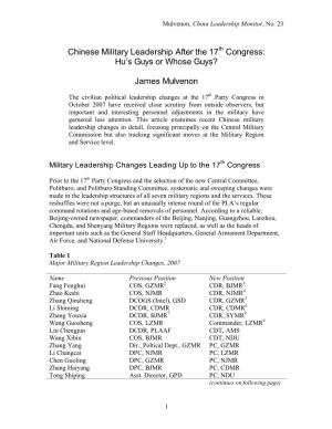 Chinese Military Leadership After the 17Th Congress: Hu’S Guys Or Whose Guys?