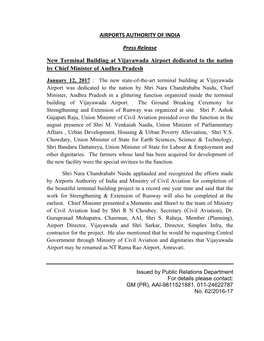 AIRPORTS AUTHORITY of INDIA Press Release New Terminal
