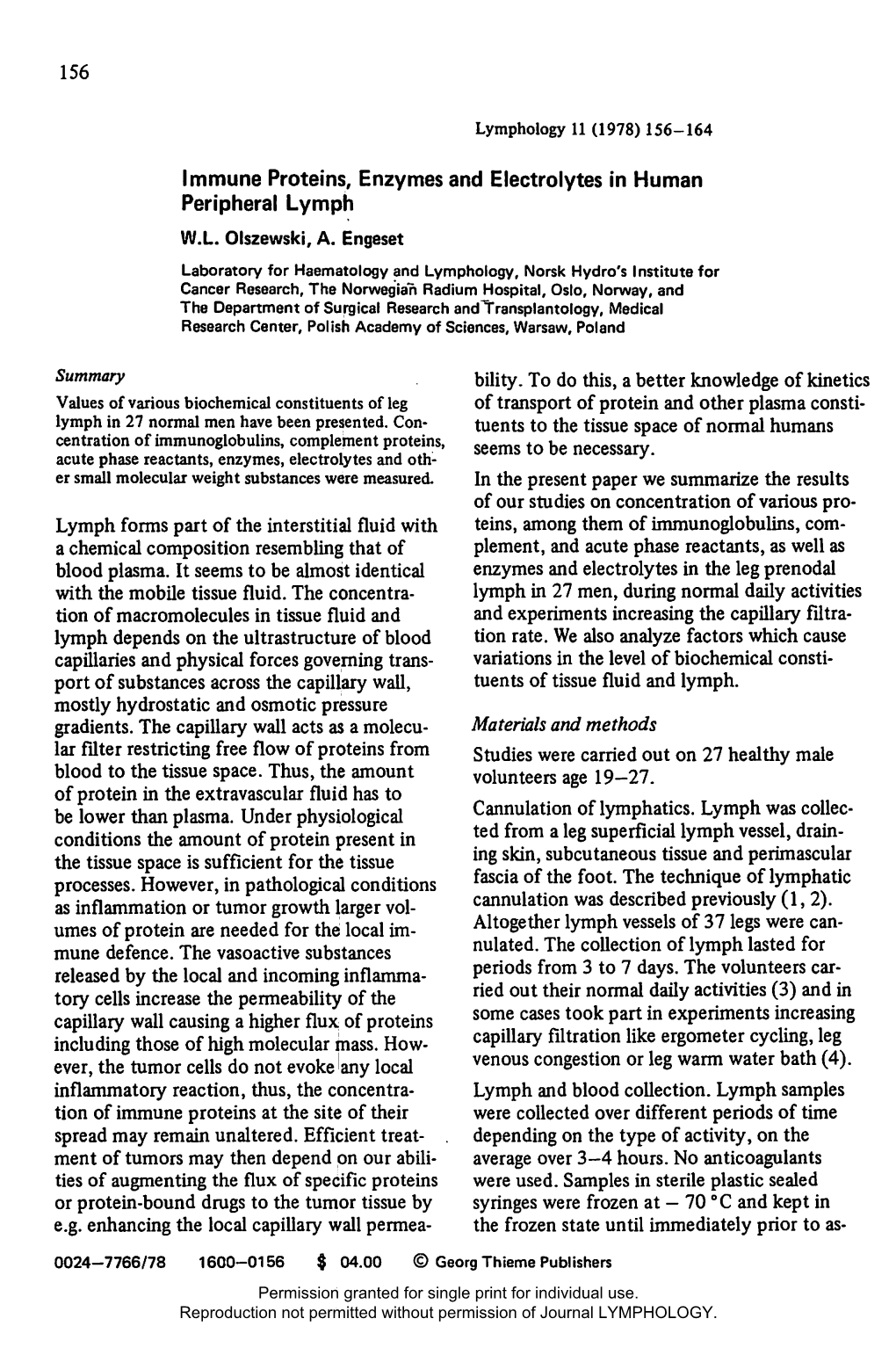 Immune Proteins, Enzymes and Electrolytes in Human Peripheral Lymph W.L