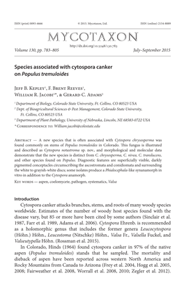 Species Associated with Cytospora Canker on Populus Tremuloides