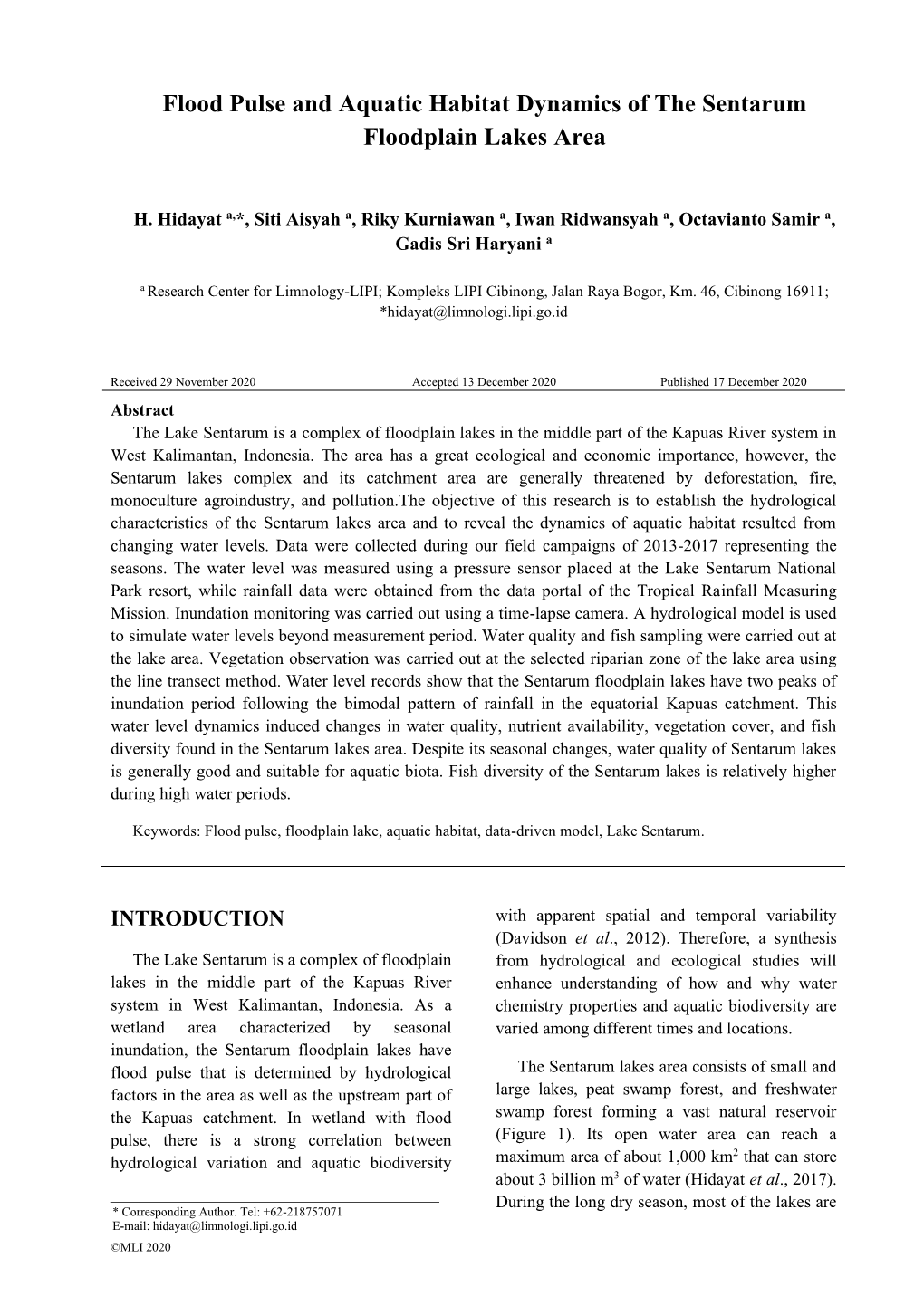 Flood Pulse and Aquatic Habitat Dynamics of the Sentarum Floodplain Lakes Area