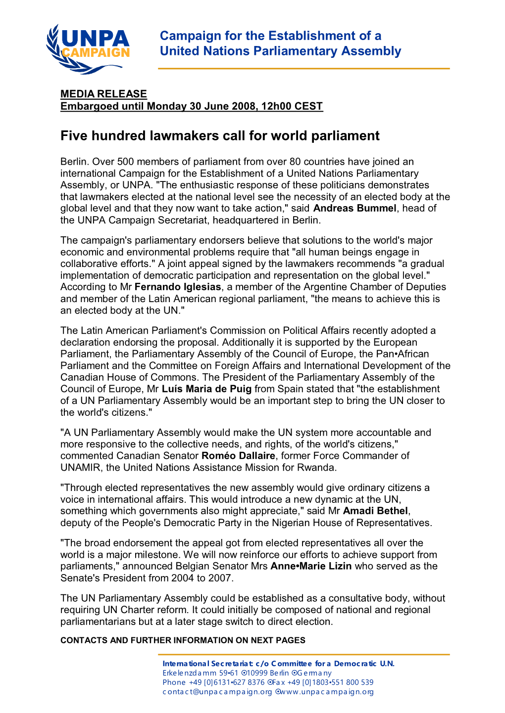 Five Hundred Lawmakers Call for World Parliament
