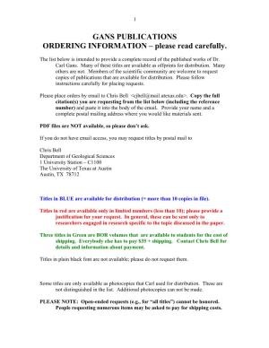 GANS PUBLICATIONS ORDERING INFORMATION – Please Read Carefully