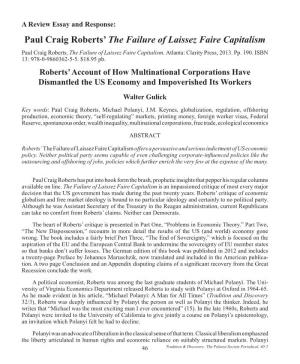 Paul Craig Roberts' the Failure of Laissez Faire Capitalism
