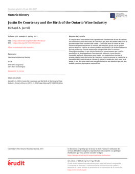 Justin De Courtenay and the Birth of the Ontario Wine Industry Richard A