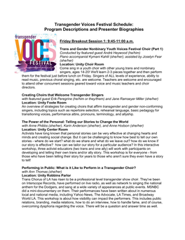 Transgender Voices Festival Schedule: Program Descriptions and Presenter Biographies