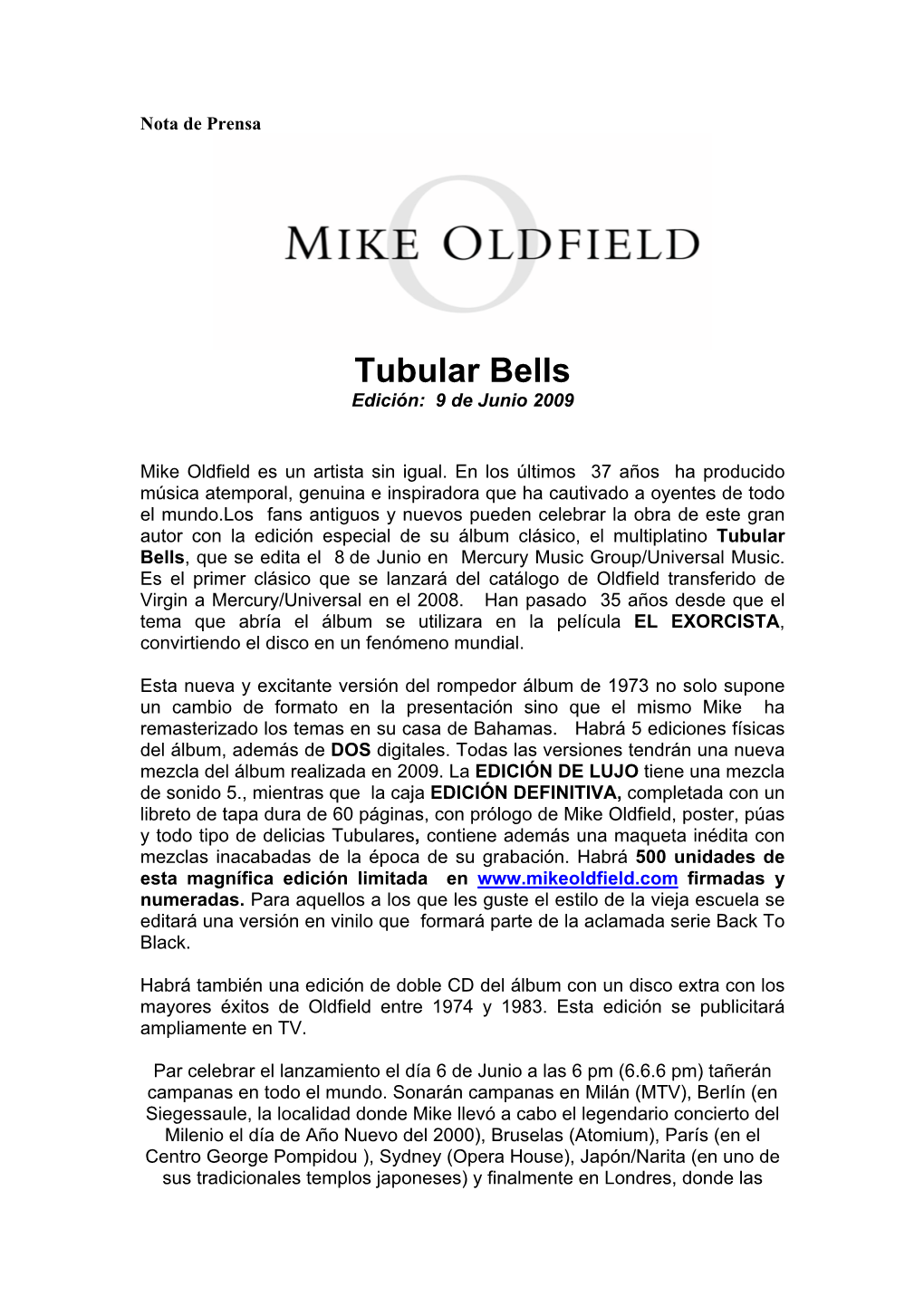 Mike Oldfield: Tubular Bells 2009