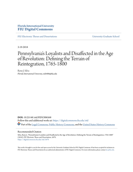 Pennsylvania's Loyalists and Disaffected in the Age of Revolution: Defining the Terrain of Reintegration, 1765-1800 Rene J