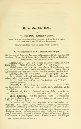 Mammalia Für 1895. Paul Matschie