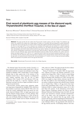 First Record of Planktonic Egg Masses of the Diamond Squid, Thysanoteuthis Rhombus Troschel, in the Sea of Japan