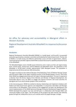 An Office for Advocacy and Accountability in Aboriginal Affairs in Western Australia Regional Development Australia Wheatbelt Inc Response to Discussion Paper