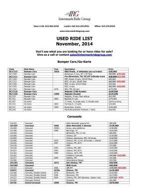 USED RIDE LIST November, 2014