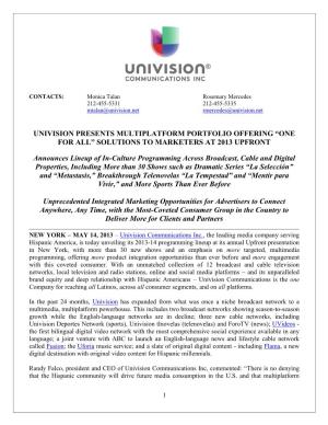 Univision Presents Multiplatform Portfolio Offering “One for All” Solutions to Marketers at 2013 Upfront