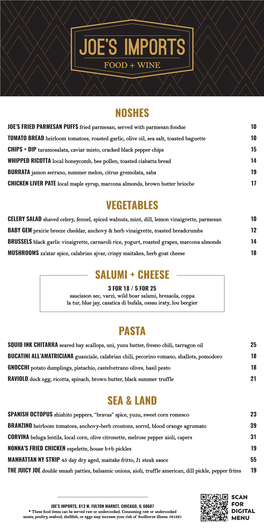 Noshes Pasta Salumi + Cheese Sea & Land Vegetables