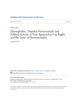Manifest Homosexuals" and Political Activity: a New Approach to Gay Rights and the "Issue" of Homosexuality Douglas Warner