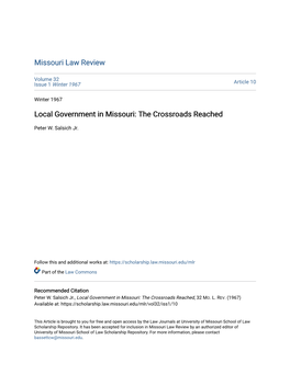 Local Government in Missouri: the Crossroads Reached