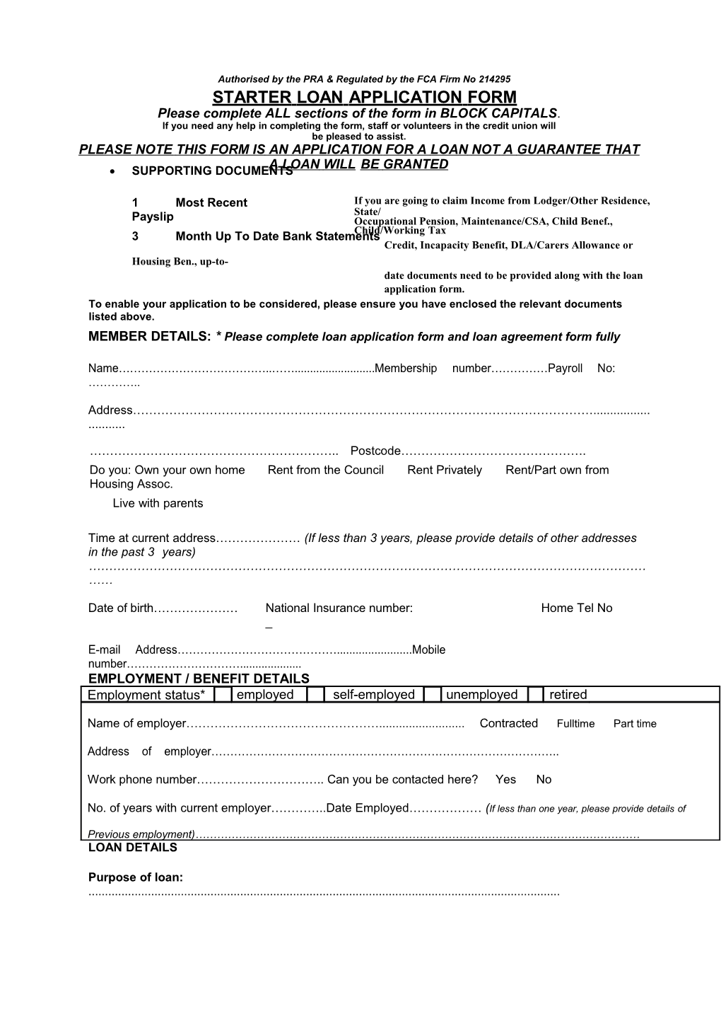 Sample Loan Application Form