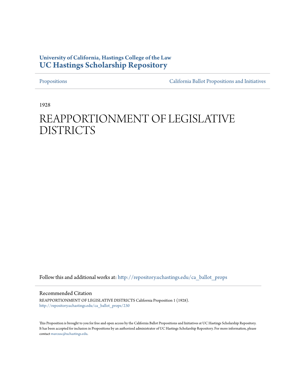 Reapportionment of Legislative Districts