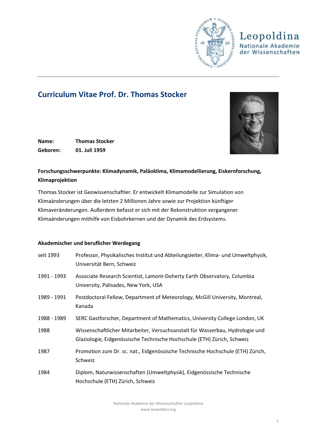 Curriculum Vitae Prof. Dr. Thomas Stocker