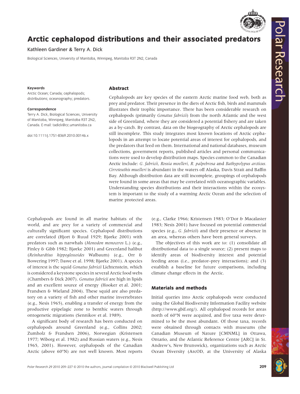 Arctic Cephalopod Distributions and Their Associated Predatorspor 146 209..227 Kathleen Gardiner & Terry A