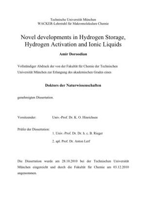 Novel Developments in Hydrogen Storage, Hydrogen Activation and Ionic Liquids