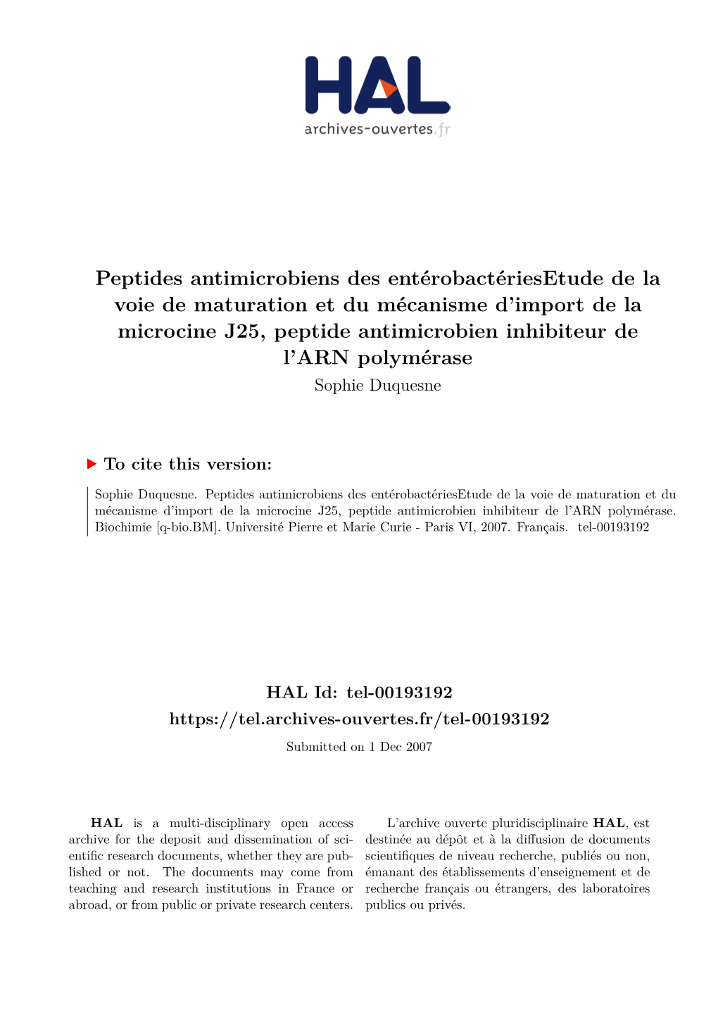 Peptides Antimicrobiens Des Entérobactériesetude De La Voie De