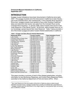 Dreissenid Mussel Infestations in California September 2011 INTRODUCTION Quagga Mussel Infestations Have Been Documented in California Since Early 2007