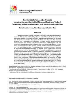 Late Triassic) Ostracods from the Sorgun Ophiolitic Mélange (Southern Turkey): Taxonomy, Palaeoenvironment, and Evidence of Predation