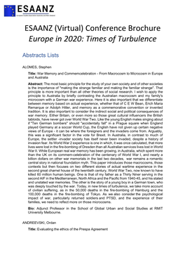 ESAANZ (Virtual) Conference Brochure Europe in 2020: Times of Turbulence