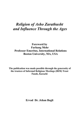 Religion of Asho Zarathusht and Influence Through the Ages
