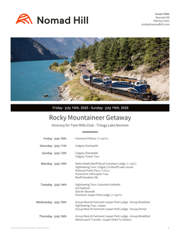 Rocky Mountaineer Getaway Itinerary for Twin Mills Club - Trilogy Lake Norman