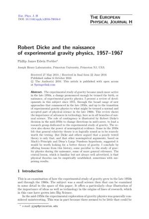 Robert Dicke and the Naissance of Experimental Gravity Physics
