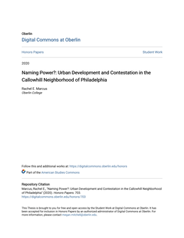 Naming Power?: Urban Development and Contestation in the Callowhill Neighborhood of Philadelphia