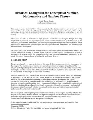 Historical Changes in the Concepts of Number, Mathematics and Number Theory