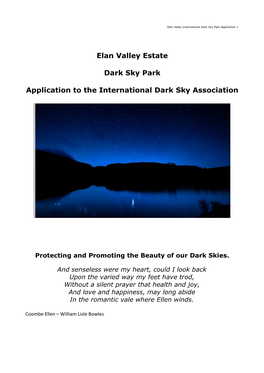 Elan Valley Estate Dark Sky Park Application to the International Dark