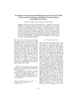 First Report of Gastrointestinal Helminths from the Wokan Cannibal Frog, Lechriodus Melanopyga (Amphibia: Limnodynastidae), from Papua New Guinea1