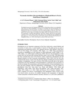 Taxonomic Checklist of the Pteridophytes of Rajkandi Reserve Forest, Moulvibazar, Bangladesh