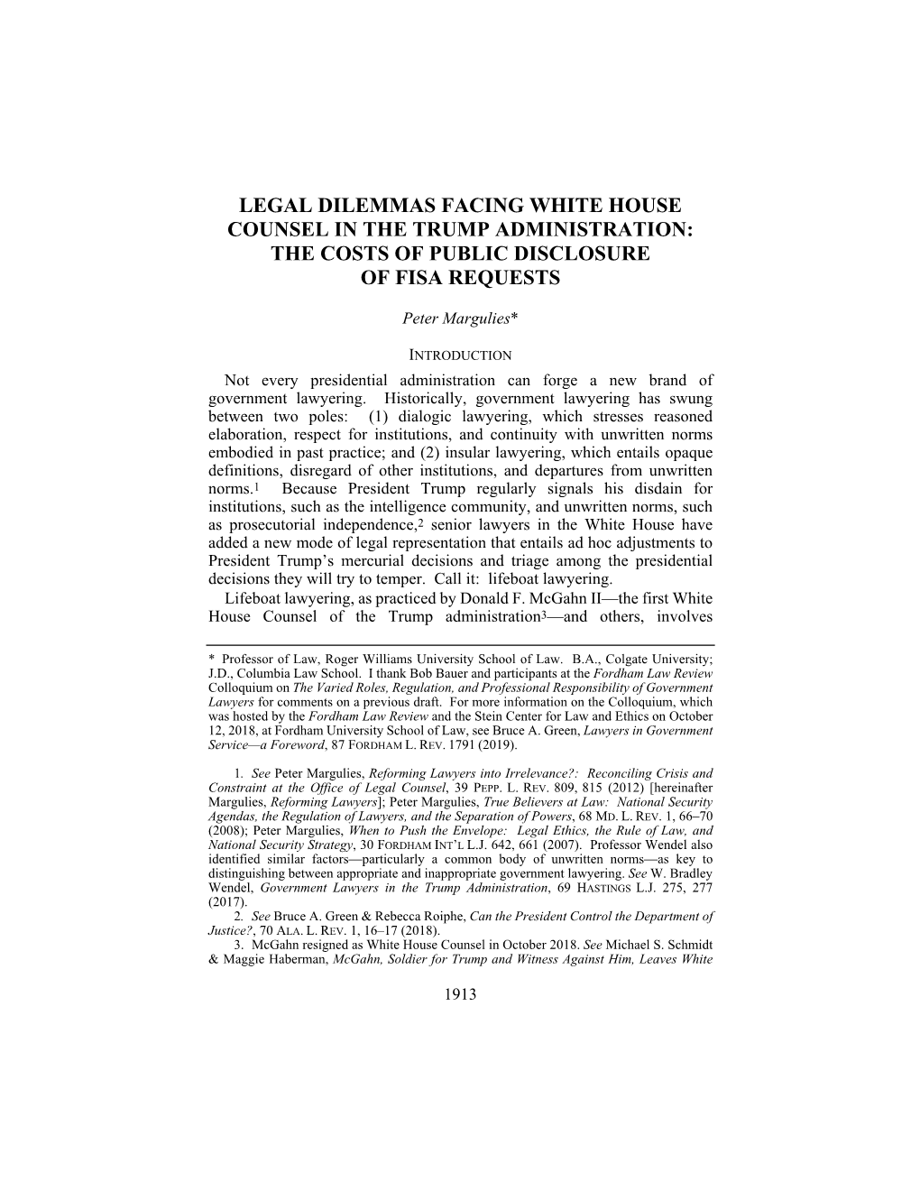 Legal Dilemmas Facing White House Counsel in the Trump Administration: the Costs of Public Disclosure of Fisa Requests