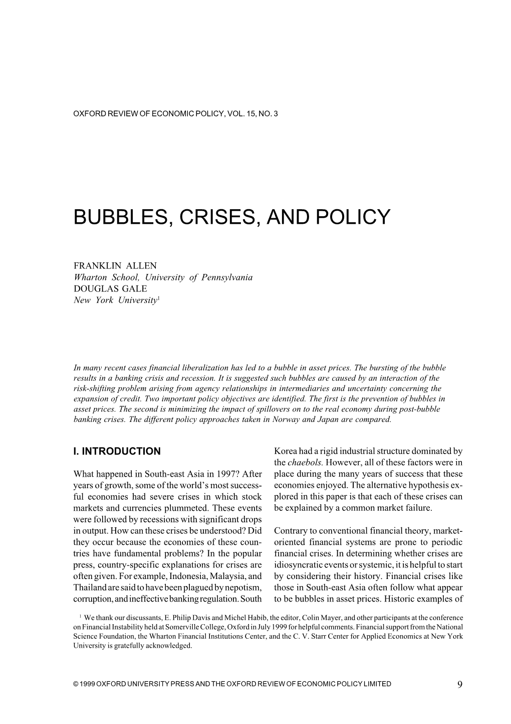 Bubbles, Crises, and Policy