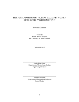 Silence and Memory: Violence Against Women During the Partition of 1947