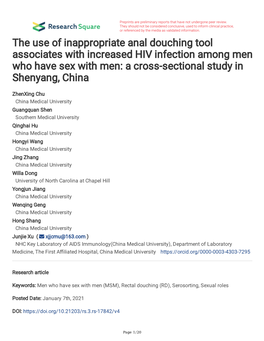 The Use of Inappropriate Anal Douching Tool Associates with Increased HIV Infection Among Men Who Have Sex with Men: a Cross-Sectional Study in Shenyang, China