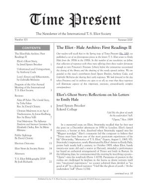 The Eliot - Hale Archive: First Readings II the Eliot-Hale Archive: First Our Readers Will Recall That in the Spring Issue of Time Present (No