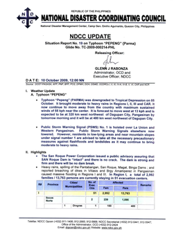 NDCC Update Sitrep No. 19 Re TY Pepeng As of 10 Oct 12:00NN