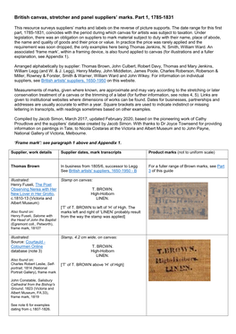 British Canvas, Stretcher and Panel Suppliers' Marks. Part 1, 1785-1831