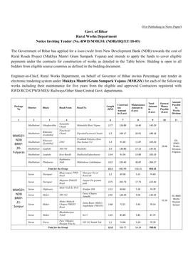 Govt. of Bihar Rural Works Department Notice Inviting Tender (No.-RWD/MMGSY (NDB)/HQ/ET/18-03)