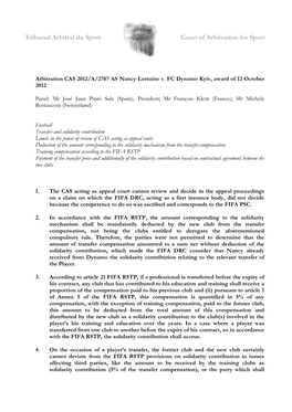 CAS 2012/A/2707 AS Nancy-Lorraine V. FC Dynamo Kyiv, Award of 12 October 2012