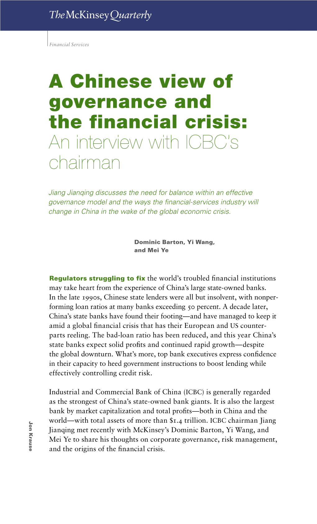 A Chinese View of Governance and the Financial Crisis: an Interview with ICBC’S Chairman