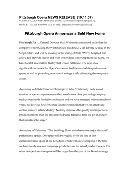 Pittsburgh OPERA NEWS RELEASE
