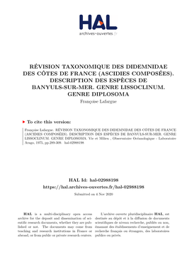Révision Taxonomique Des Didemnidae Des Côtes De France (Ascidies Composées)