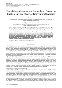 Translating Metaphor and Simile from Persian to English: a Case Study of Khayyam‘S Quatrains